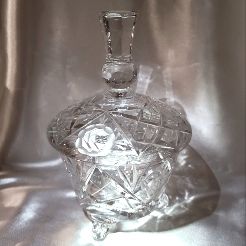 Rare Vintage Beyer Lead Crystal Footed Candy / Compote Bowl with Lid